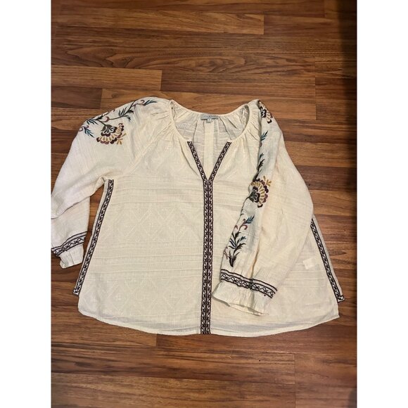 Lucky Brand Boho Peasant Top M White Embroidered Floral Long Sleeve Tunic Blouse - Picture 1 of 10